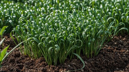 Obraz premium Young green grass or crop plants growing in soil.