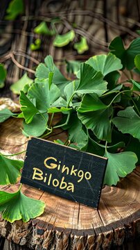 Ginkgo biloba plant and supplement capsules. Selective focus. Nature.