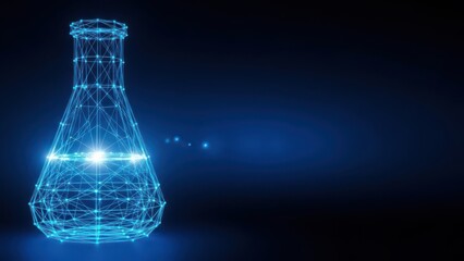 Futuristic Wireframe Erlenmeyer Flask with Glowing Blue Network Connections and Light Streaks Dark