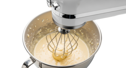 White Stand Mixer Whisking Light Yellow Batter in Metal Bowl kitchen appliance baking