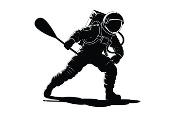 Fototapeta premium A black and white silhouette illustration of an astronaut holding a paddle