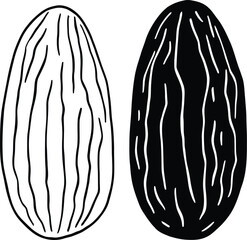 Monochrome Vector Illustration of Almonds Depicted in Minimalist Contrast Featuring Textured Contour Lines in Black and White Variations to Represent Nut Identity, Organic Texture, and Graphic Duality