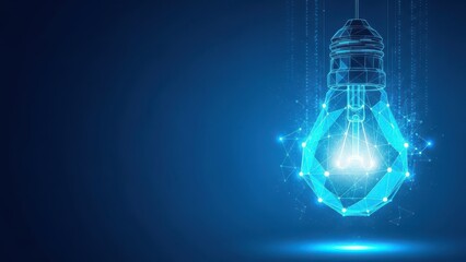 Geometric Blue Wireframe Light Bulb Glowing with Connected Dots Dark idea innovation