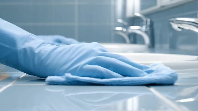 Custodian performing a thorough sanitation of a public restroom mirror and countertops highlighting essential bacterial elimination steps.