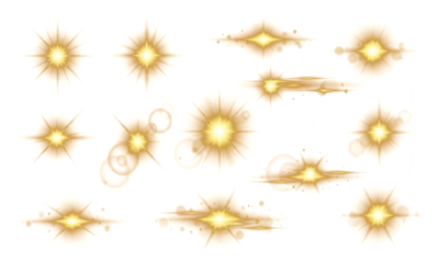 Golden Bright lens flare. Transparent glow effects, star flashes, shiny rays and glowing light spots for photo overlays, digital design, nature sunshine, sky illumination, and decoration.
