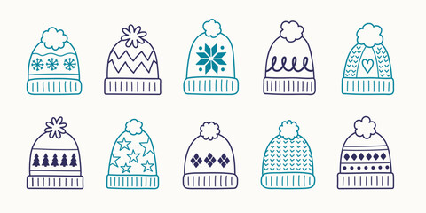 Collection of winter hats in cartoon style. Vector illustration