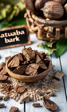 Catuaba bark in supplement capsules. Selective focus. nature.