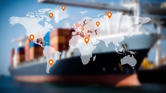 Global Shipping and Logistics: A container ship navigates the ocean, seamlessly integrated with a world map, representing the efficient transport of goods.