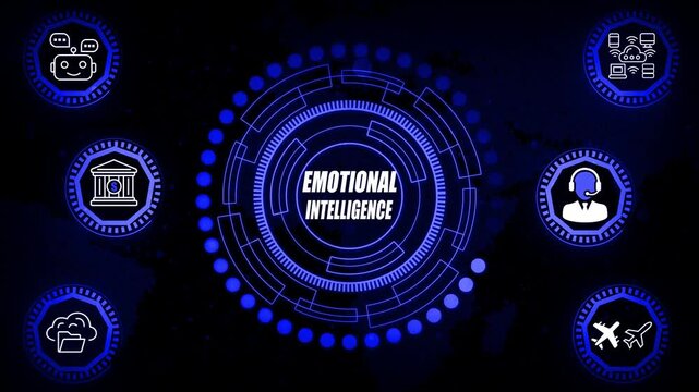 Emotional intelligence interface animation illustrating self-awareness signals, behavioral mapping visuals, interpersonal sensitivity cues and structured decision-emotion relationship indicators