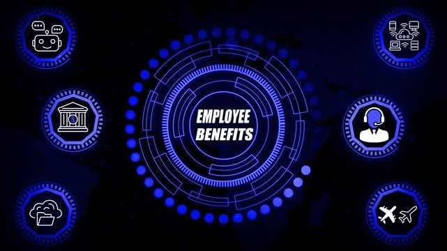 Employee benefits interface animation visualizing compensation structures, perk mapping, wellness indicators and organizational support features relevant for modern HR communication