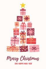 Christmas tree card with presents. Vector illustration