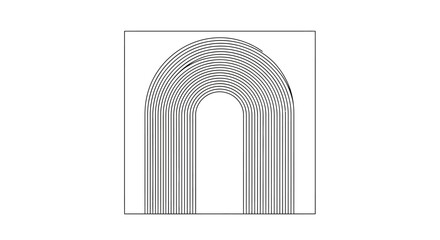 A grayscale abstract image featuring a rounded arch shape with a subtle striped pattern on a white background, framed by a thin black square border with abstrak hitam putih elements.