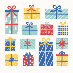 Collection of presents in cartoon style. Christmas decoration. Vector illustration