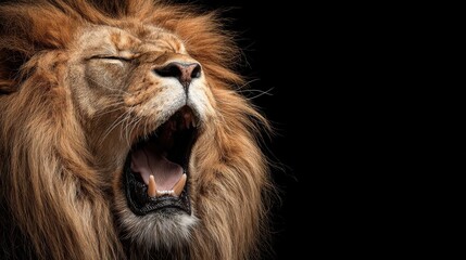 Naklejka premium A lion yawns widely showing teeth and mane in a dark setting. This moment captures the natural behavior of the animal at a wildlife sanctuary