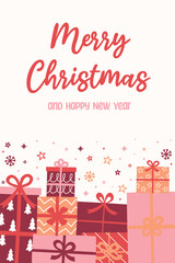Christmas poster with decorations in cartoon style. Greeting card with hand drawn presents. Vector illustration