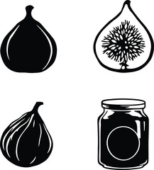 Monochrome Vector Illustration of Figs and Fig Jam Depicted in Minimalist Silhouettes Featuring Whole Fruit, Cross-Section, Textured Detail, and Preserves Jar to Represent Botanical Identity, Culinary