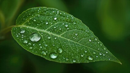 Fototapeta premium Green leaf with water droplets, nature, fresh, dew, plant, close-up, macro.