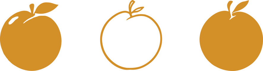 Monochrome Vector Illustration of Stylized Oranges Depicted in Minimalist Silhouettes Featuring Two Solid-Filled Fruits and One Outlined Fruit with Leaf and Stem to Represent Graphic Contrast, 