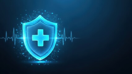 Obraz premium Glowing Blue Shield with Medical Cross and Heartbeat Line Dark Digital health