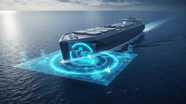 Autonomous cargo ship navigates the ocean with advanced AI interface.