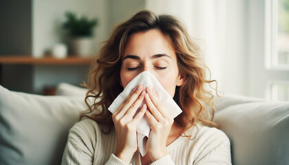 sick woman blowing her nose