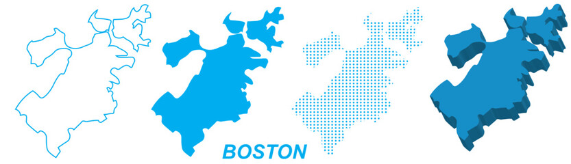 Obraz premium Boston Map Vector Set, Massachusetts Outline Silhouette Dotted 3D Solid Shapes, Boston City Infographic Template, Editable EPS Boston Geography
