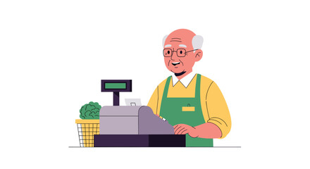 A cheerful elderly male cashier wearing an apron is operating a cash register in a grocery store, with fresh produce in a basket nearby.