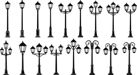 Vintage street lamps, silhouette design, ornate lamp posts, lantern styles, scrollwork poles, urban lighting, historical infrastructure, outdoor decor, classic elegance, architectural sketch