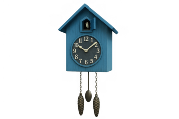 Blue wooden cuckoo clock with a black face, white numbers and a bird pop-out, showing time and tradition, on transparent background