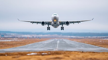 Fototapeta premium A large passenger airplane is taking off from the runway with its wheels just leaving the ground under a bright diffused sky. The scene is simple and clear