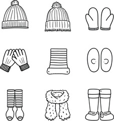 Monochrome Vector Illustration of Winter Accessories Depicted in Minimalist Silhouettes Featuring Hats, Mittens, Gloves, Scarves, Earmuffs, Socks, and Boots to Represent Seasonal Warmth, Cold Weather 