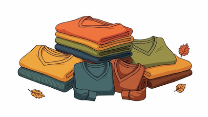 Stack of Folded Autumn Sweaters in Warm Colors.