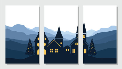 Naklejka premium Simple mountain vector flat, landscape background, nature with night village silhouette
