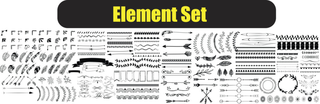 Collection of hand drawn black and white decorative elements including arrows banners feathers and floral dividers