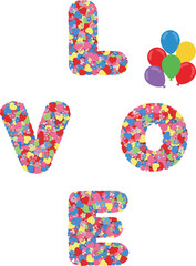 Bright, colorful, repeating pattern of small hearts and floral shapes forming the word LOVE, perfect for romantic holiday banners, greeting cards, or invitations.