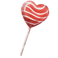 Watercolor red heart lollipop illustration isolated on black background