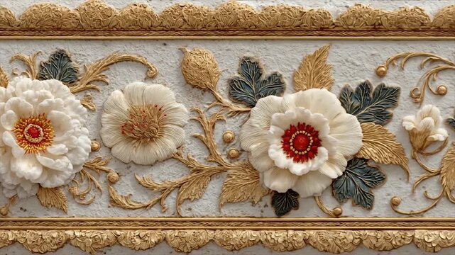 Close up floral relief pattern white gold and textured decorative design
