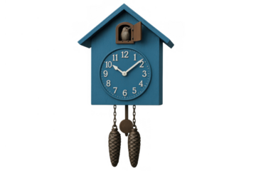 Blue cuckoo clock with bird emerging, showing time and nostalgia, isolated on transparent background