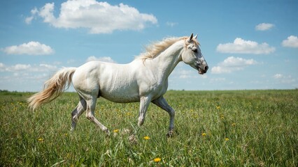 A white horse running across a grassy field under a blue sky with clouds.