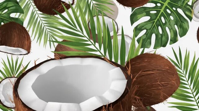 Tropical coconut and palm leaves pattern on white.