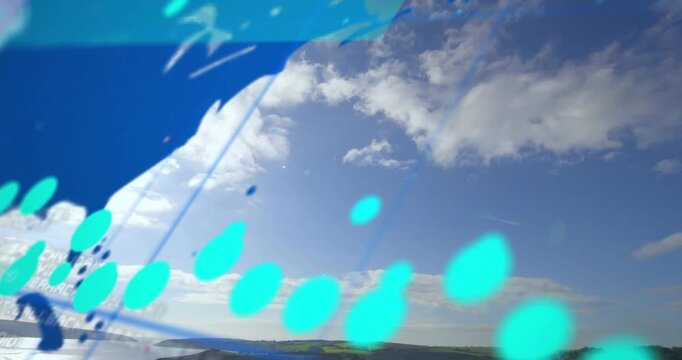 Faint blue map sweeping in top-right, dots forming and readouts appearing, revealing coastline data