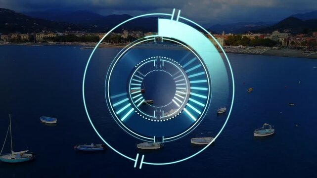 Cyan HUD emerging over harbor, drawing rings and wedge, scanning bars, aligning and marking boat