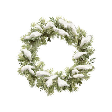 Watercolor vintage round snowy wreath with Christmas green branches of coniferous trees natural frame border and snow isolated on white background. Watercolor and pencil hand drawn illustration sketch