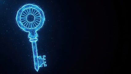 Ornate blue wireframe key with a circular patterned head a dark with glowing particles and copy space