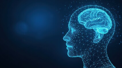 Profile of a Human Head with a Glowing Blue Wireframe Brain and Network Overlay mind