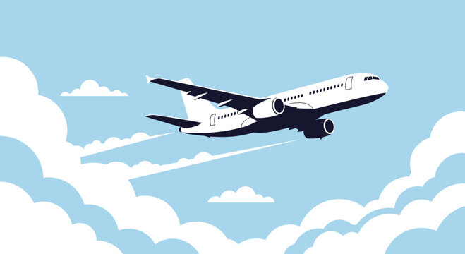 A modern passenger airplane takes off or flies high in a bright blue sky, leaving white contrails behind fluffy clouds, representing global travel and aviation.
