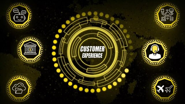 Immersive customer experience animation featuring satisfaction metrics, journey mapping visuals, service interaction flow and high-fidelity engagement patterns for enterprise experience design