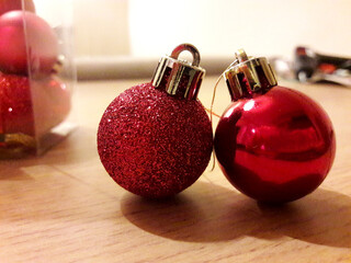 Christmas baubles on the table.