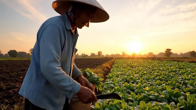 Farmer harvesting green leafy vegetables in a field at sunrise