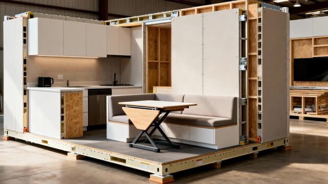Medium shot highlighting an integrated modular unit combining kitchen and living space components emphasizing efficient prefab construction.
